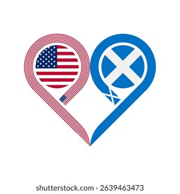 friendship concept. heart symbol icon of united states and scotland flags. vector illustration isolated on white background