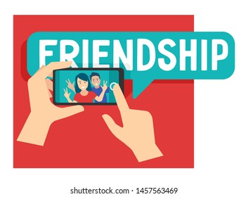 Friendship concept - human hands makes a photo with smartphone and happy young people (man and woman) posing inside display camera view - vector concept