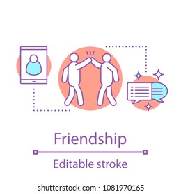 Friendship concept icon. Contacts establishing. Friends idea thin line illustration. Teamwork. Vector isolated outline drawing. Editable stroke