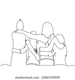 Friendship concept one line drawing design vector illustration.  The single continuous line depicts a group of men and women of different ethnicities standing together to show their bond of friendship