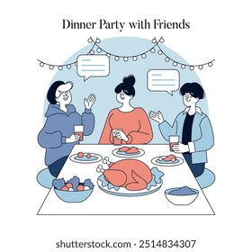 Friendship concept. Three friends enjoying a festive meal together, sharing stories and laughter beneath string lights. Vector illustration.