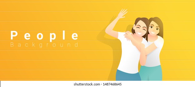 Friendship concept with two young happy women hugging and standing on yellow background , vector , illustration