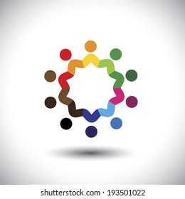 Friendship Concept Vector - Happy, Joyful People Together In Circle. This Graphic Can Also Represent Icons Of Colorful Kids Or Children, United Community, Students Union, Employees & Workers Meeting