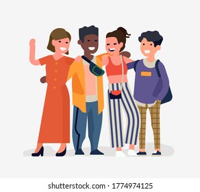 Friendship concept vector illustration with cheerful young people standing together smiling. International student community