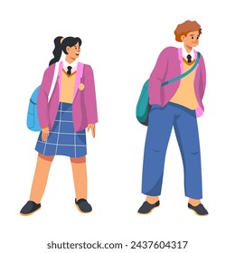 Friendship and connections between teenager students for their personal growth and social development. Isolated boy and girl cartoon characters wearing school dress and backpack. Vector in flat style