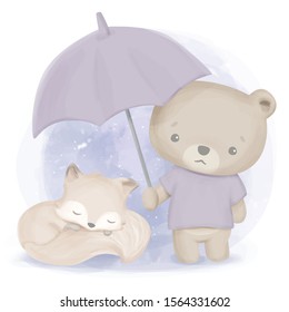 Friendship of Cute Animal Bear and Fox