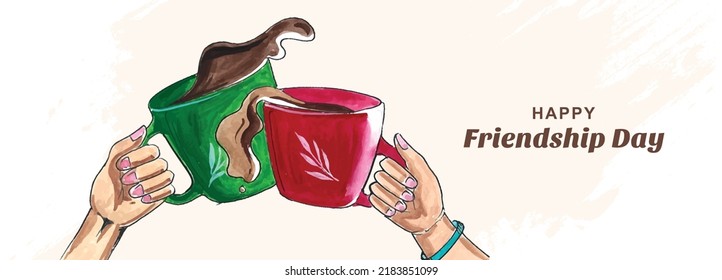 	
Friendship day background with coffee cup watercolor banner design