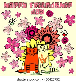 Friendship Day background. Two happy cats on a floral background. Vector cartoon illustration.