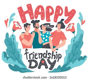 Friendship day banner or card template with group of friends or mates holding hands, chatting and hugging. People communications and frienfly relationships. Flat vector illustration isolated.
