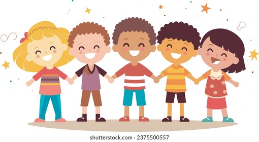 Friendship day banner, cute cartoon friends holding hands each other vector illustration,