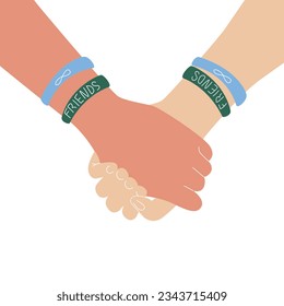 Friendship day banner with two person holding hands with colored bracelets on a white background 