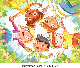 Friendship day. Below view of happy children embracing each other and smiling at camera. Group of happy children waving at the camera. Funny cartoon character. Vector illustration