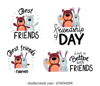 Friendship day. Best friends. Hand drawn lettering with cute animals. Vector set