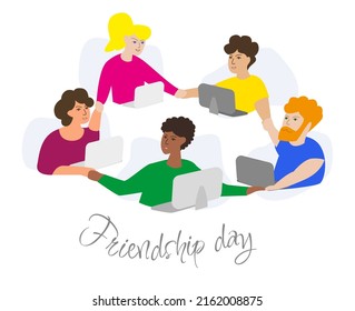 Friendship day card friend in online classes. Can be used for the design of greeting cards, invitations, posters, banners, packaging, web, print, cloth texture or wallpaper. Vector illustration.