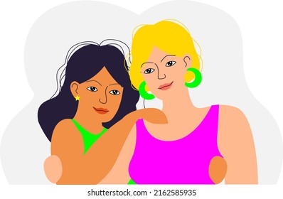 Friendship day card friend. Two girls hug. Can be used for the design of greeting cards, invitations, posters, banners, packaging, web, print, cloth texture or wallpaper. Vector illustration.