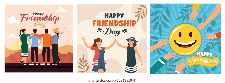 Friendship Day celebration poster featuring friends, smiles and fun camaraderie. Showing the beauty and value of lifelong friendship. Friendship Day concept. Set flat vector illustration.