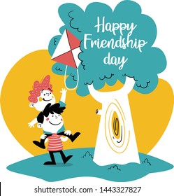 Friendship Day. Children help each other to lower a kite from the tree. Vector