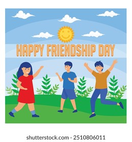 Friendship day. the children jumped and laughed, happily together. Boys and girls celebration. flat vector modern illustration 