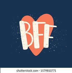 Friendship day color vector lettering. Best friends forever abbreviation. Inspirational inscription and heart isolated on blue background. Friendly holiday celebration. Creative t shirt print design.