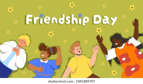 Friendship day concept. Children lying on grass. International holiday and festval. Boys and girls at spring or summer season. Positive and optimistic. Cartoon flat vector illustration