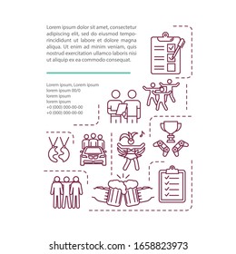 Friendship Day concept icon with text. Mates together. Social relationships. Best friends goals PPT page vector template. Brochure, magazine, booklet design element with linear illustrations
