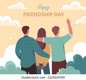 Friendship day concept. Young men and woman embrace. Holiday and festival, invitation and greeting card design. Good relationship and love, care and support. Cartoon flat vector illustration