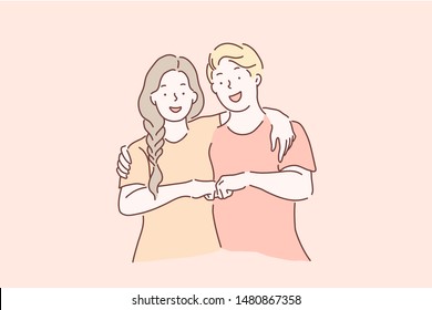 Friendship day, cooperation, together, friendship, teamwork concept. The young couple friend in love embrace together. Simple flat vector.