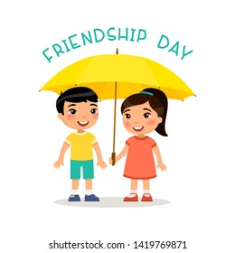 Friendship day. Cute little asian boy and girl stand with an umbrella. Happy school or preschool kids friends playing together. Funny cartoon character. Vector illustration.