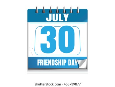 Friendship Day date. Blue wall calendar. Friendship Day date in the calendar. 30 July. Wall calendar isolated on white background. Vector illustration