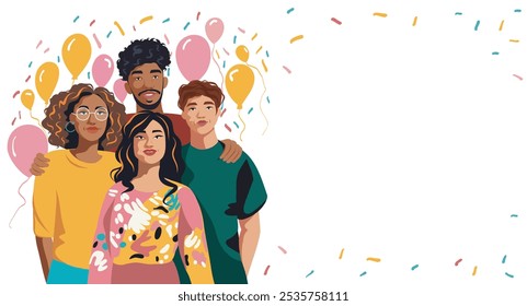 Friendship day. Friends of different nationalities smiling and hugging. Group of people posing for a portrait with friends during a party on the background of balloons. Vector illustration postcard