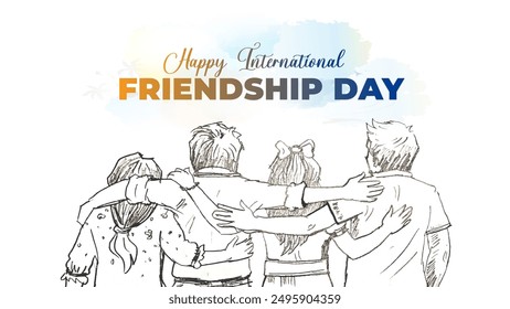 Friendship Day Greeting card design. 4 friends helping together vector illustration.