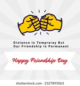 Friendship Day greeting card, happy holiday of amity. Three rubber bracelets for best friends: yellow, pink and turquoise. Silicone wristbands and inscription of congratulations. Vector illustration