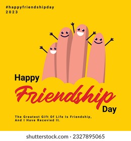 Friendship Day greeting card, happy holiday of amity. Three rubber bracelets for best friends: yellow, pink and turquoise. Silicone wristbands and inscription of congratulations. Vector illustration