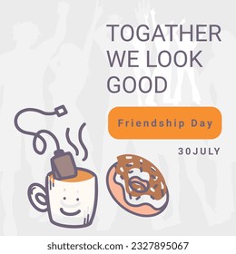 Friendship Day greeting card, happy holiday of amity. Three rubber bracelets for best friends: yellow, pink and turquoise. Silicone wristbands and inscription of congratulations. Vector illustration