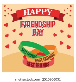 Friendship Day greeting card, happy friendship holiday. Three rubber bracelets for friends yellow, pink and green. flat vector modern illustration 