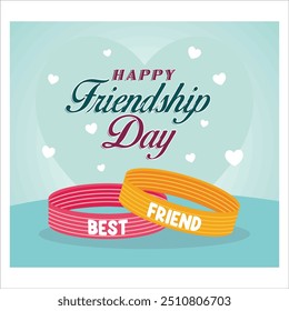 Friendship Day greeting card, happy friendship holiday two rubber bracelets for friends yellow and pink. flat vector modern illustration 