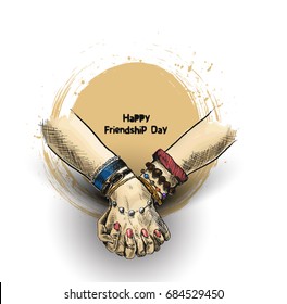 Friendship day with holding hand, Hand Drawn Sketch Vector illustration. 