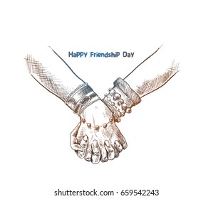 Friendship day with holding promise hand, Hand Drawn Sketch Vector illustration. 