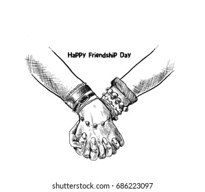 Friendship day with holding promise hand, Hand Drawn Sketch Vector illustration. 