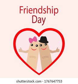 Friendship day illustration. Celebration card showing affection and bond between real friends on pink background. Two cute fingers in a heart.