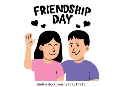 Friendship Day Illustration of Two Happy Friends Embracing with Smiles. Friends Waving Hello in a Warm Greeting,Two cheerful friends waving in greeting or farewell, radiating friendliness.