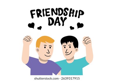 Friendship Day Illustration of Two Happy Friends Embracing with Smiles. Group Cheer with Hands in the Air Two friends raising their arms and cheering together.