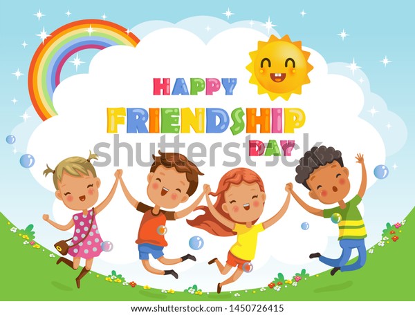 Friendship Day Kids Jumping Laughing Together Stock Vector (Royalty ...