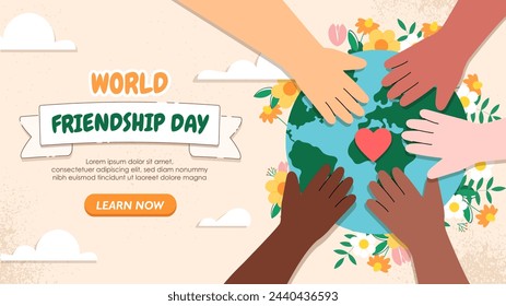 Friendship day poster. Hands at planet with flowers. Tolerance, unity and respect. Landing webpage design. International communication and friendship. Cartoon flat vector illustration