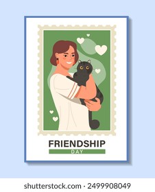 Friendship day poster. Woman hugs black cat. Happy owner with domestic animal in her arms. International holiday and festival. Care about pets. Flat vector illustration isolated on white background