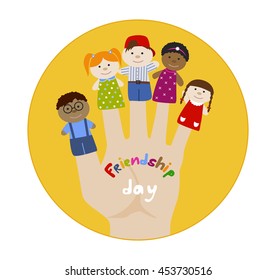 Friendship day round logo. Friends children finger puppets. Multi-ethnic girls and boys together. Cartoon vector illustration of happy puppet kids. Togetherness, friend love concept.