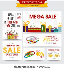 Friendship Day Sale and Discount Banner set with illustration of colorful gifts and stylish bands.