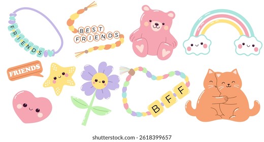 Friendship day set with cute elements. Bracelets and teddy bear.