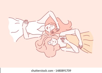 Friendship day, students, sister, teenager concept. Team young, lovely, beautiful friends woman smiling lying on their back. Sisters have their leisure time, weekends. Simple flat vector.