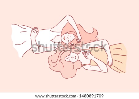 Friendship day, students, sister, teenager concept. Team young, lovely, beautiful friends woman smiling lying on their back. Sisters have their leisure time, weekends. Simple flat vector.